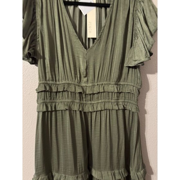 Pinch Tiered Maxi Dress L Large Olive Green Silky Short Flutter Sleeve NEW - Picture 13 of 16